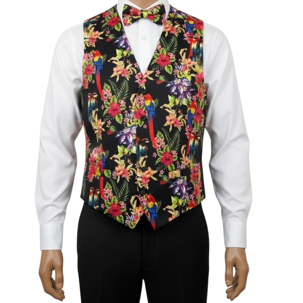 SSLR Mens L Tropical Floral Parrot Hawaiian Suit Vest Waistcoat Wedding Fits Med